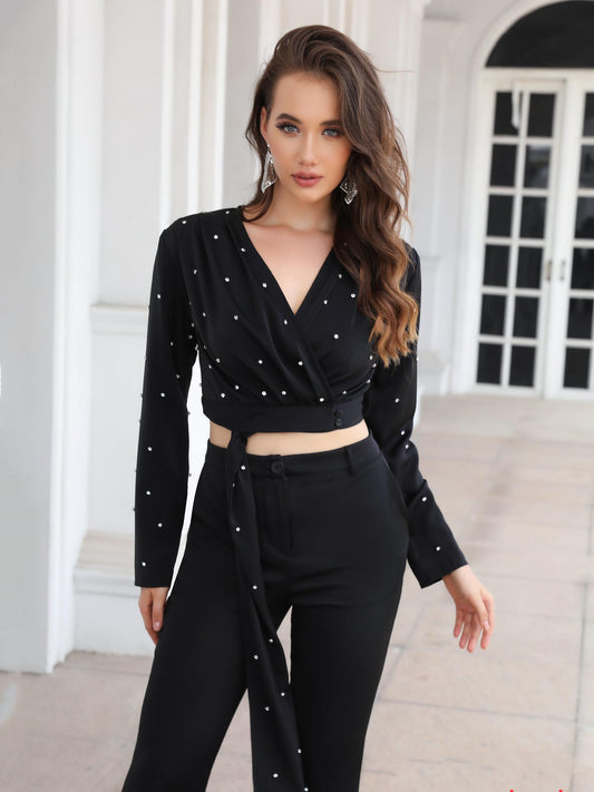 Women's Black Rhinestone Tie-up Crop Top + Pants Set, Sexy Party-style Metallic Accent Two-piece Outfit