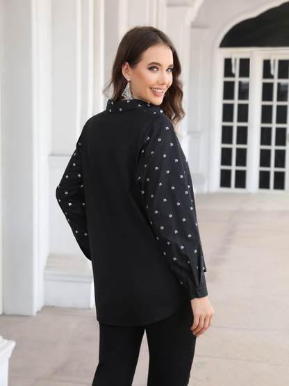Women's Black Small Polka Dot Loose Shirt + Black Pants Set, Office-style Minimalist Slimming Two-piece Outfit