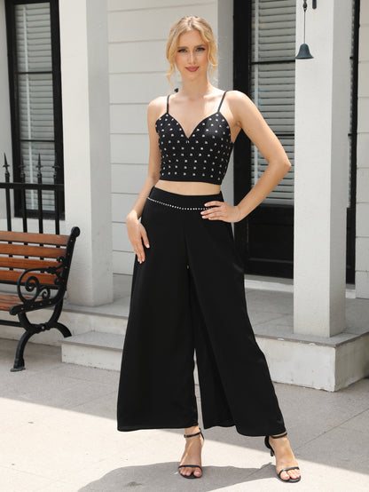 Women's Black Rhinestone Decorated Camisole Crop Top + Wide-leg Pants Set, Party-style Retro Metallic Accent Two-piece Outfit