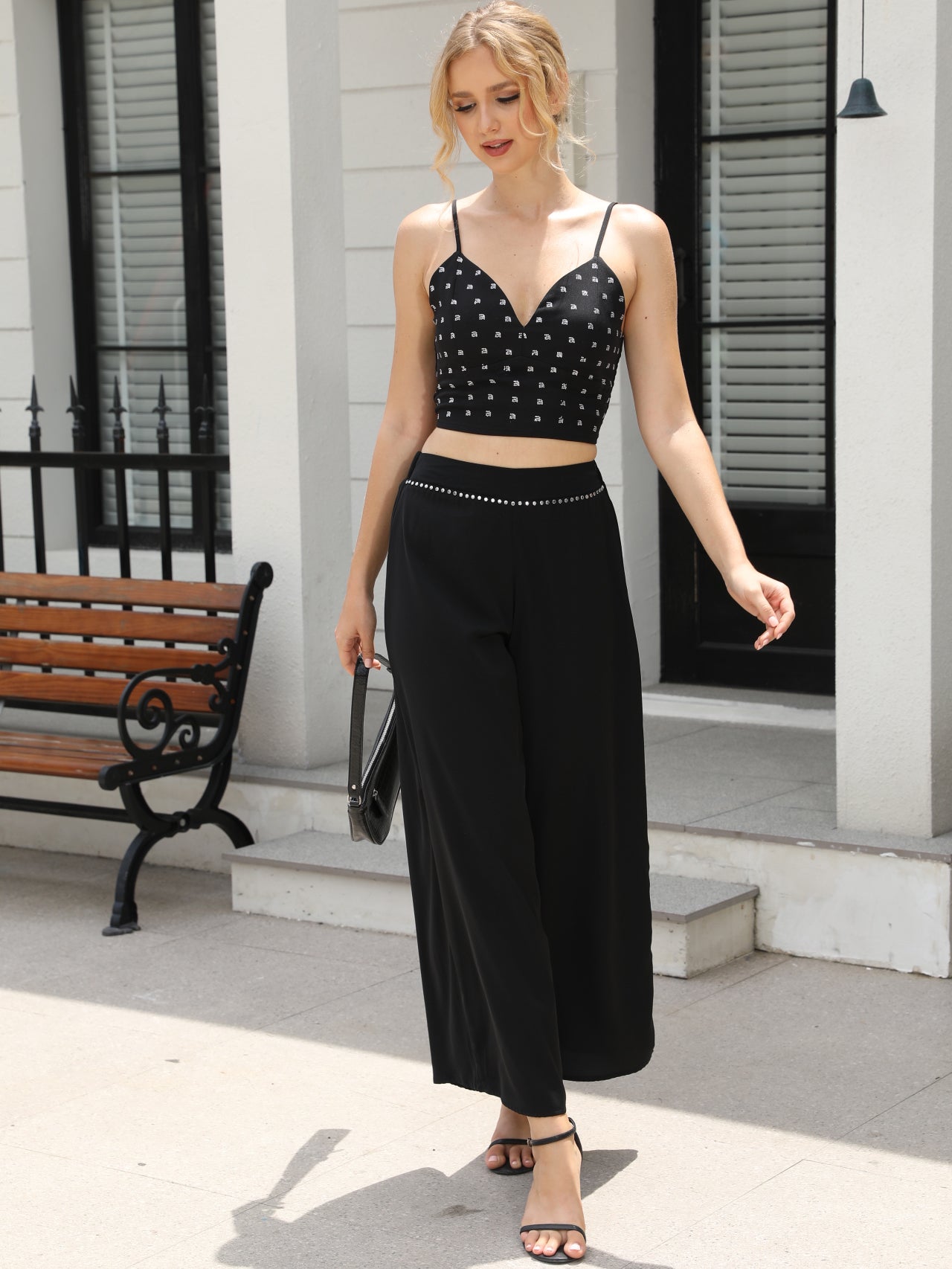 Women's Black Rhinestone Decorated Camisole Crop Top + Wide-leg Pants Set, Party-style Retro Metallic Accent Two-piece Outfit