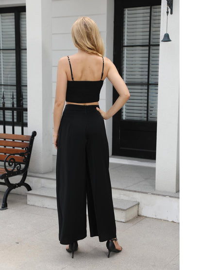 Women's Black Chain Strap Crop Top + High-waisted Wide-leg Pants Set, Sexy Party-style Metallic Accent Two-piece Outfit