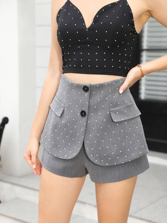 Women's Black Chain Strap Crop Top + High-waisted Wide-leg Pants Set, Sexy Party-style Metallic Accent Two-piece Outfit