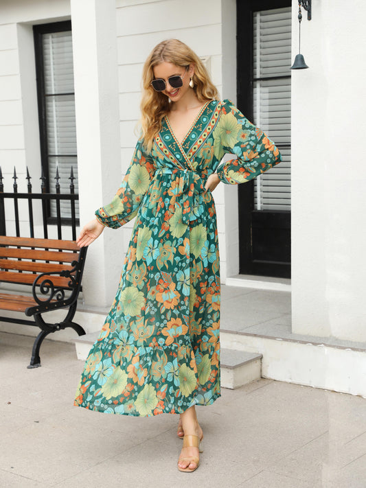 Women's Green-based Colorful Floral Print Deep V Long-sleeve Maxi Dress, Retro Bohemian-style Dress