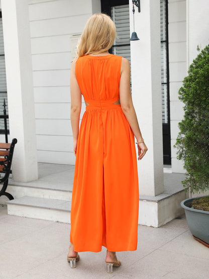 Women's Orange Waist-cut Slit Maxi Dress, Holiday-style Sexy Waisted Dress