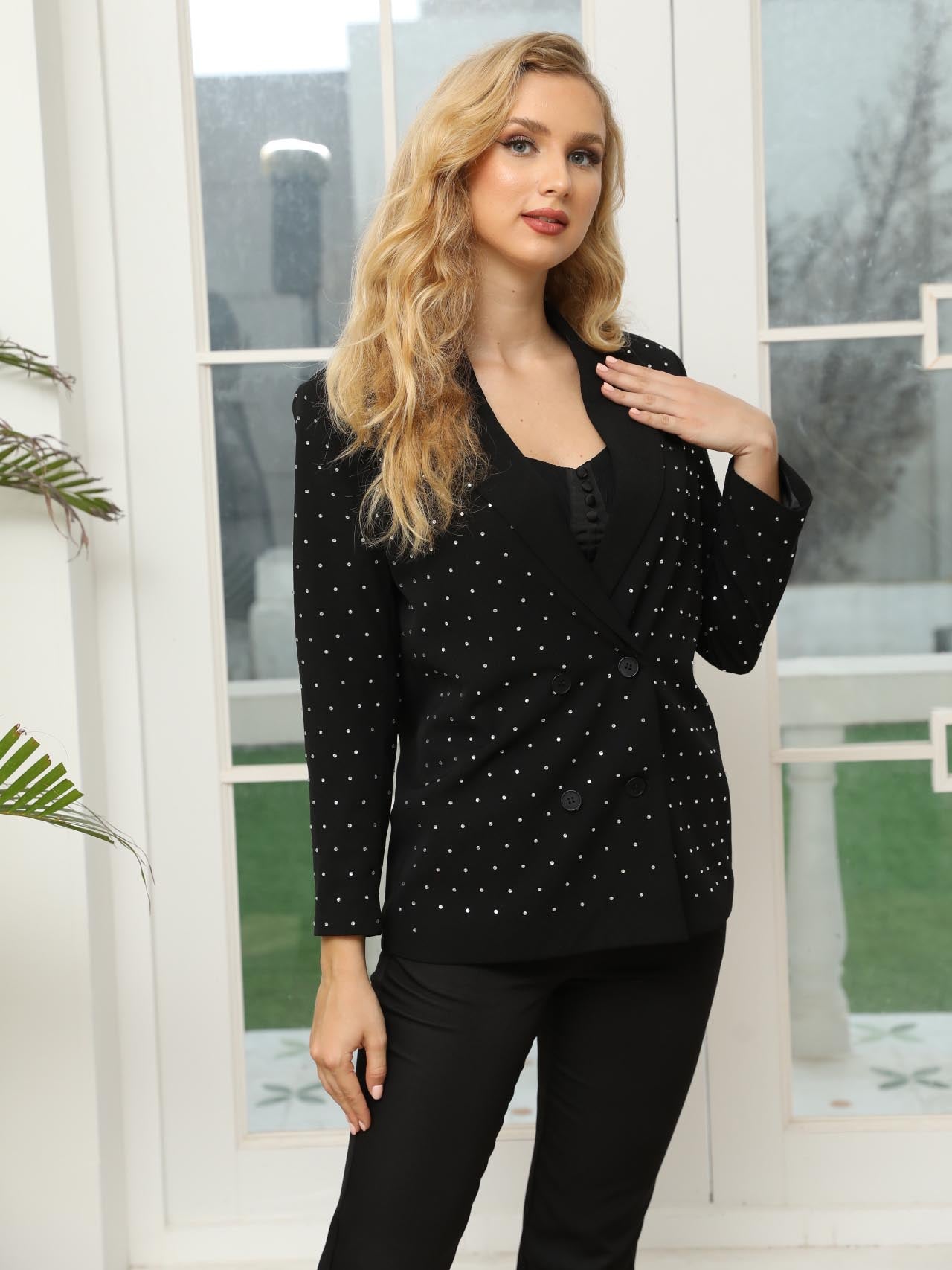 Women's Black Starry Beaded Blazer + Pants Set, Party-style Retro Metallic Accent Three-piece Outfit