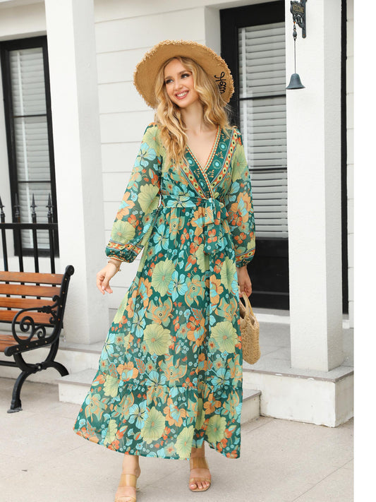 Women's Green-based Colorful Floral Print Deep V Long-sleeve Maxi Dress, Retro Bohemian-style Dress