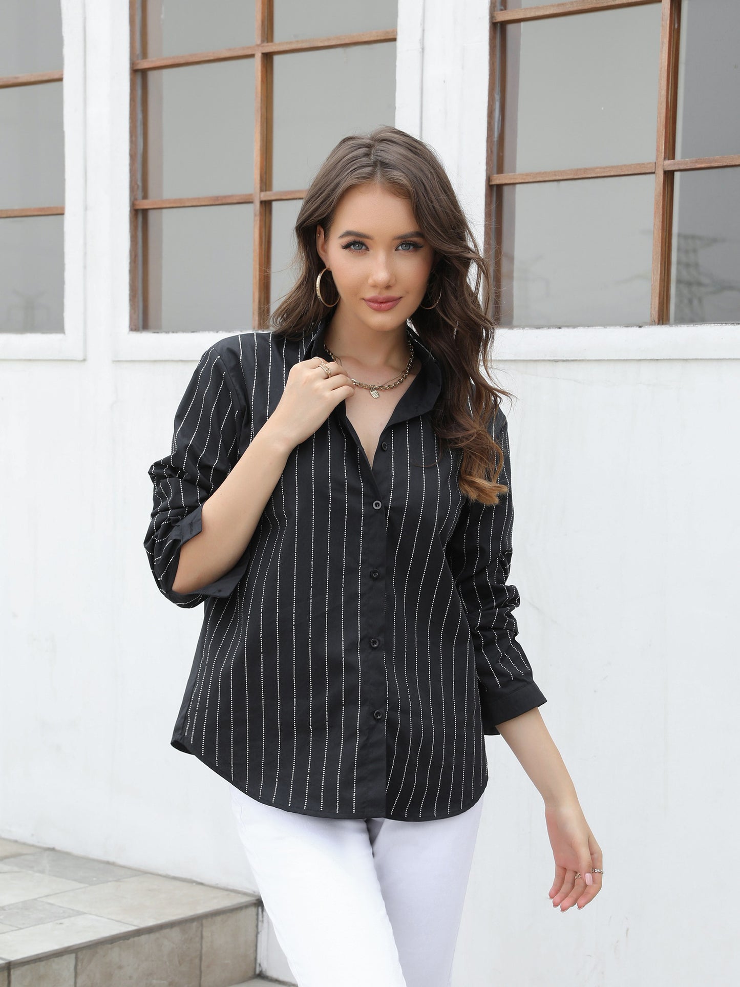 Women's Black Silver Striped Long-sleeve Shirt, Office-style Minimalist Slimming Versatile Top