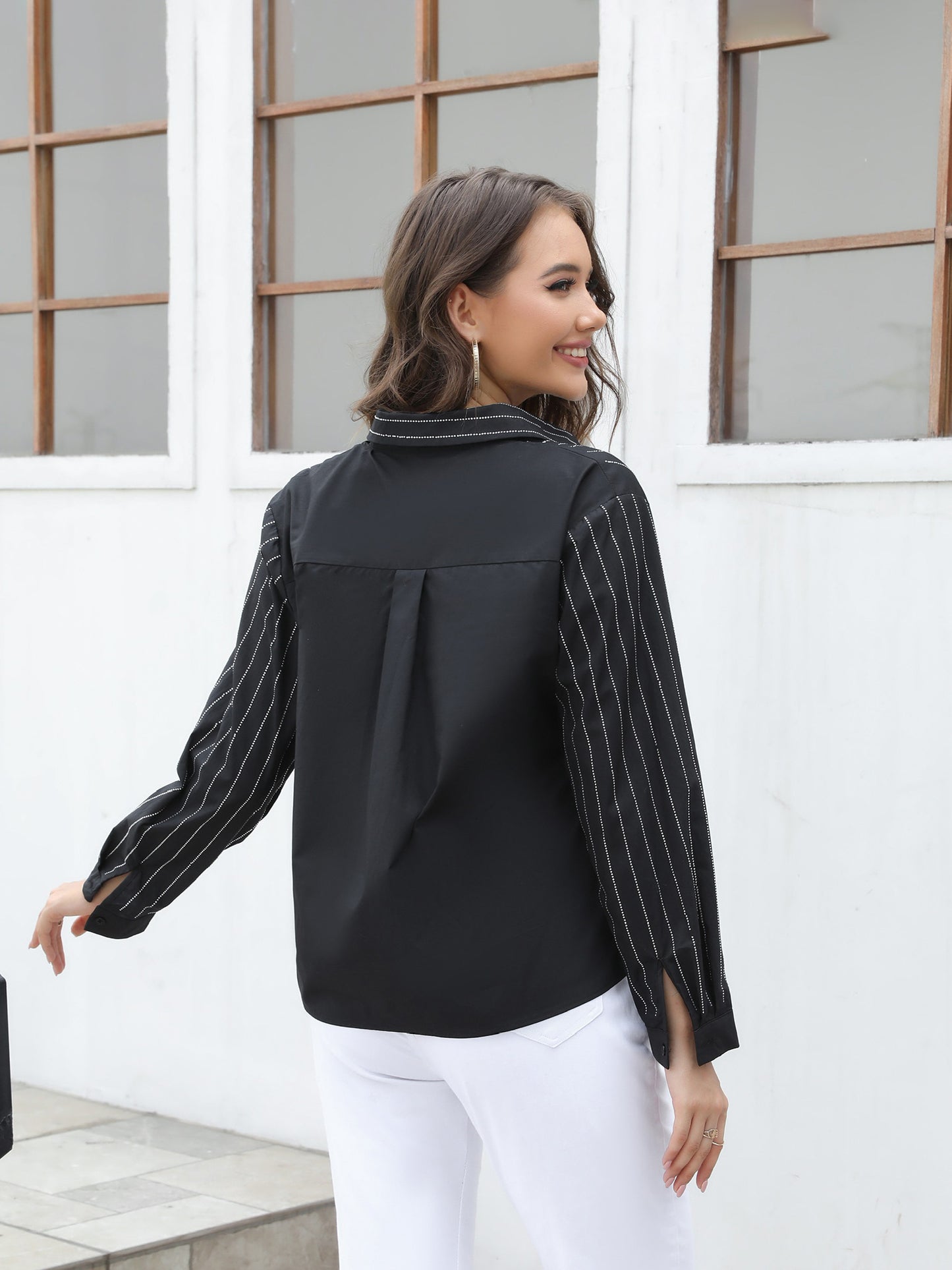 Women's Black Silver Striped Long-sleeve Shirt, Office-style Minimalist Slimming Versatile Top