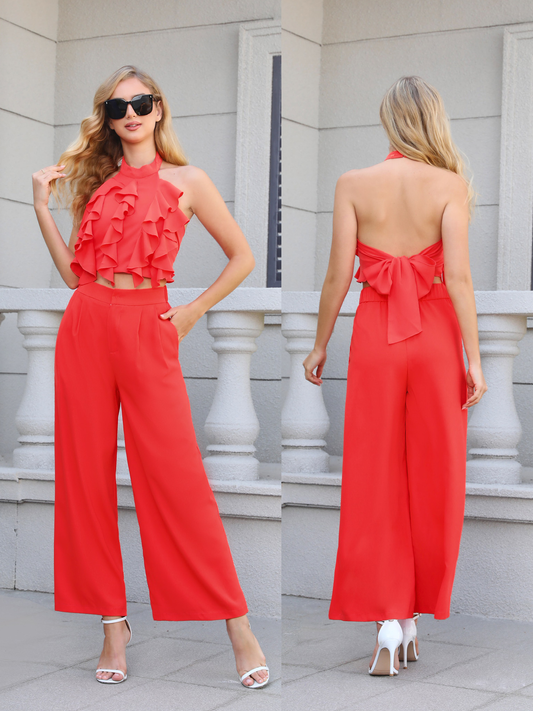 Women's Red Ruffled Halter Crop Top + Wide-leg Pants Set, Party-style Sweet Waisted Two-piece Outfit