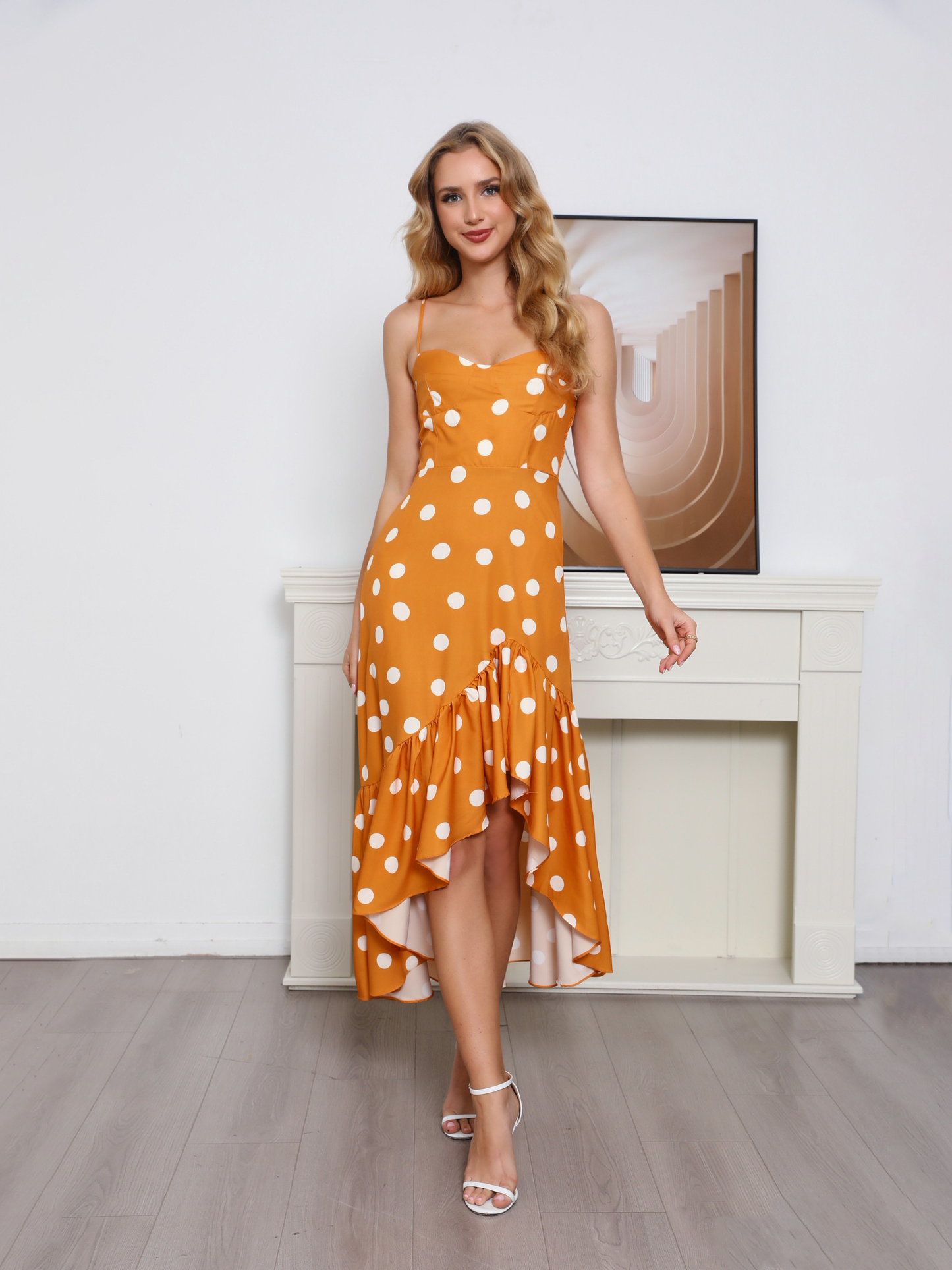 Vestido largo camisola asimétrico con volantes y lunares blancos y naranjas para mujer, vestido ajustado con estampado retro para fiesta.