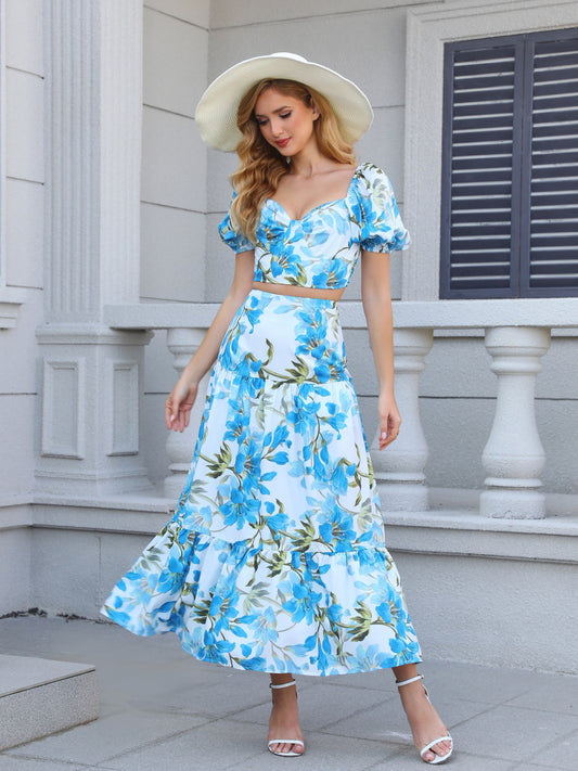Women's Blue and White Floral Puff Sleeve Crop Top + Ruffled Maxi Skirt Set, Holiday-style Sweet Waisted Two-piece Outfit