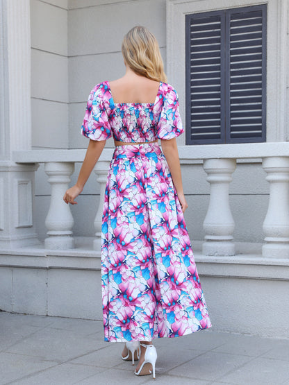 Women's Pink and Blue Floral Puff Sleeve Crop Top + Slit Maxi Skirt Set, Holiday-style Sweet Waisted Two-piece Outfit