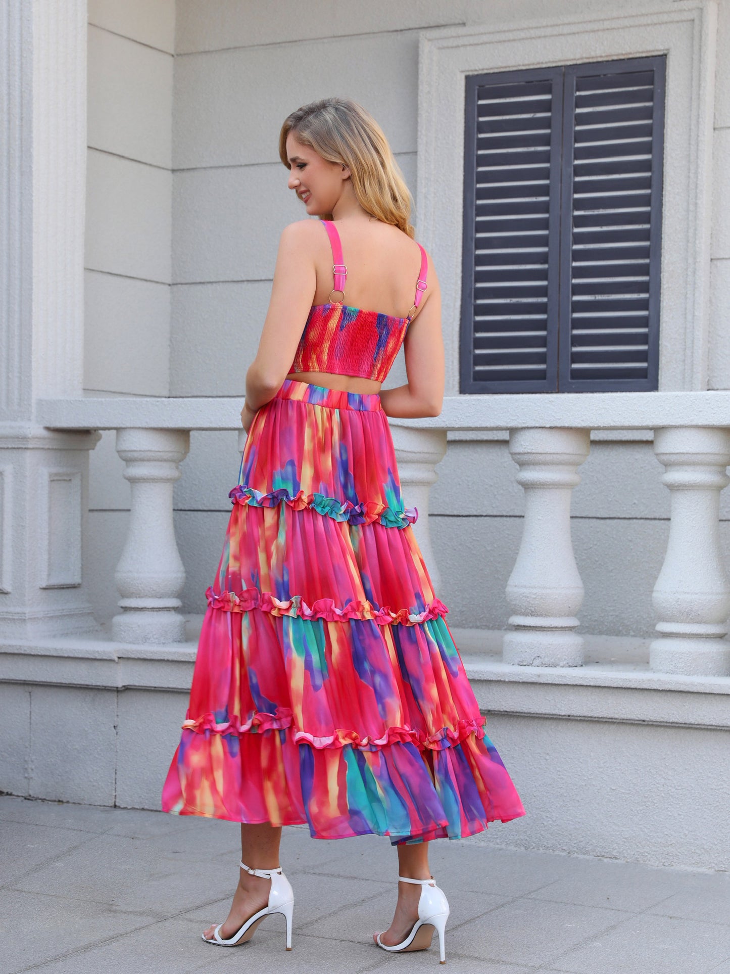 Women's Rainbow Tie-dye Ruffled Camisole Maxi Dress, Holiday-style Sweet Waisted Midi Dress