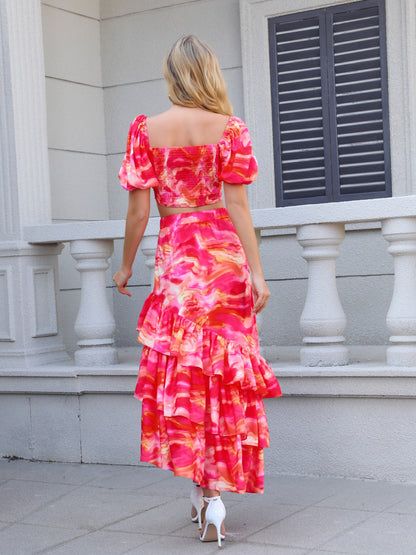 Women's Pink and Orange Tie-dye Puff Sleeve Crop Top + Ruffled Maxi Skirt Set, Holiday-style Sweet Waisted Two-piece Outfit