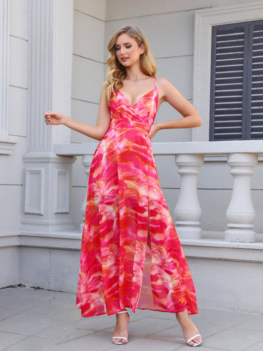 Women's Pink and Orange Tie-dye Camisole Slit Maxi Dress, Holiday-style Sexy Waisted Floor-length Dress