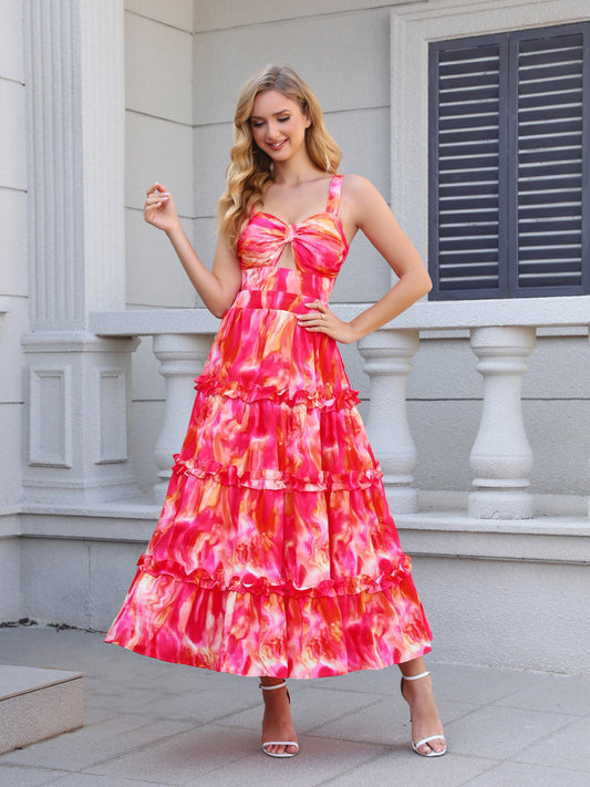 Women's Pink Tie-dye Camisole Ruffled Maxi Dress, Holiday-style Sweet Waisted Midi Dress