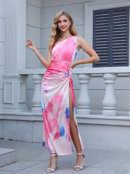 Women's Pink and Blue Watercolor Print One-shoulder Slit Maxi Dress, Holiday-style Sexy Waisted Midi Dress