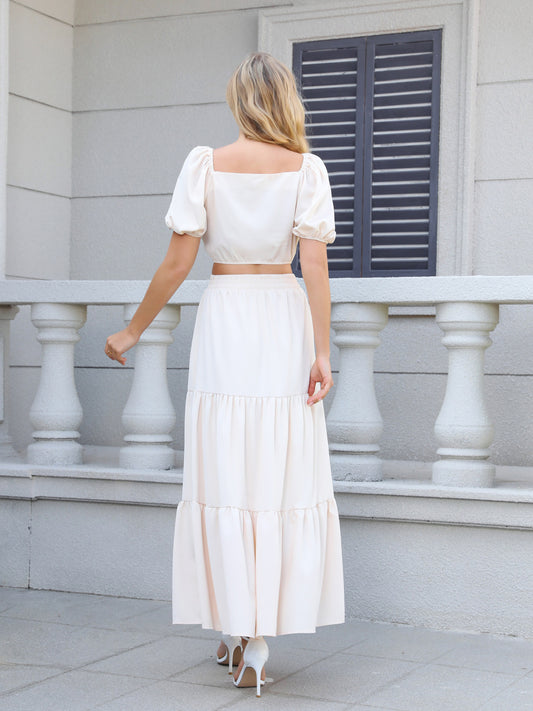 Women's Beige Square Neck Puff Sleeve Cropped Top + Tiered Maxi Skirt Set, Holiday-style Sweet Slimming Two-piece Outfit