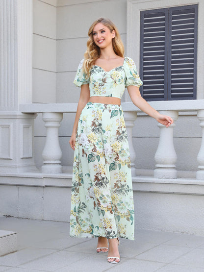 Women's Light Green Floral Print Puff Sleeve Crop Top + Wide-leg Pants Set, Holiday-style Sweet Waisted Two-piece Outfit