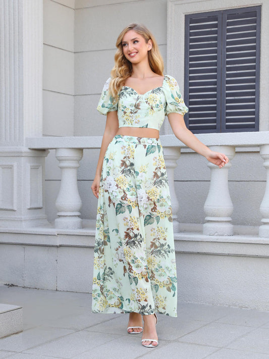 Women's Light Green Floral Print Puff Sleeve Crop Top + Wide-leg Pants Set, Holiday-style Sweet Waisted Two-piece Outfit