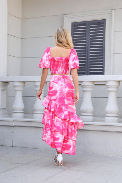 Women's Pink Tie-dye Puff Sleeve Crop Top + Ruffled Maxi Skirt Set, Holiday-style Sweet Waisted Two-piece Outfit