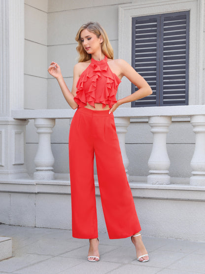 Women's Red Ruffled Halter Crop Top + Wide-leg Pants Set, Party-style Sweet Waisted Two-piece Outfit