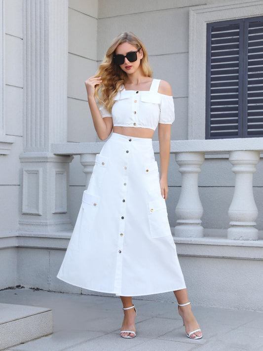 Women's White Off-shoulder Crop Top + Cargo-style Midi Skirt Set, Casual Street-style Multi-pocket Two-piece Outfit