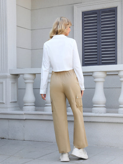 Women's White Cargo-style Cropped Shirt + Khaki Wide-leg Pants Set, Casual Street-style Multi-pocket Two-piece Outfit