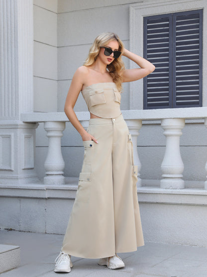 Women's Khaki Tube Top Cargo-style Crop Top + Wide-leg Pants Set, Casual Street-style Multi-pocket Two-piece Outfit