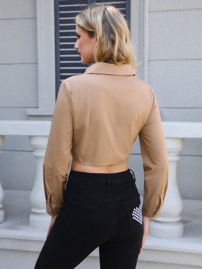 Women's Khaki Fringed Beaded Cropped Cargo Shirt + Black Jeans Set, Party-style Retro Metallic Accent Two-piece Outfit