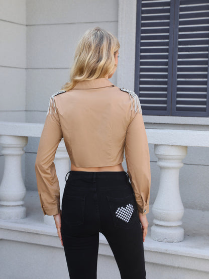 Women's Khaki Fringed Beaded Cropped Cargo Shirt + Black Jeans Set, Party-style Retro Metallic Accent Two-piece Outfit