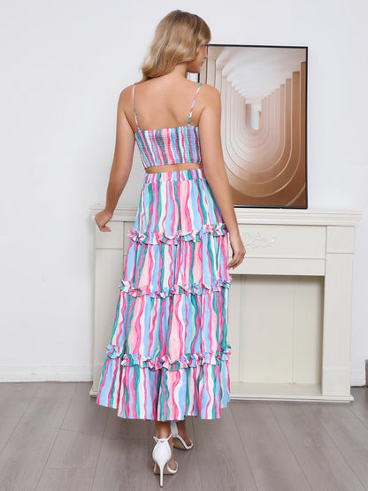 Women's Colorful Wave Stripe Camisole Ruffled Maxi Dress, Holiday-style Sweet Waisted Midi Dress