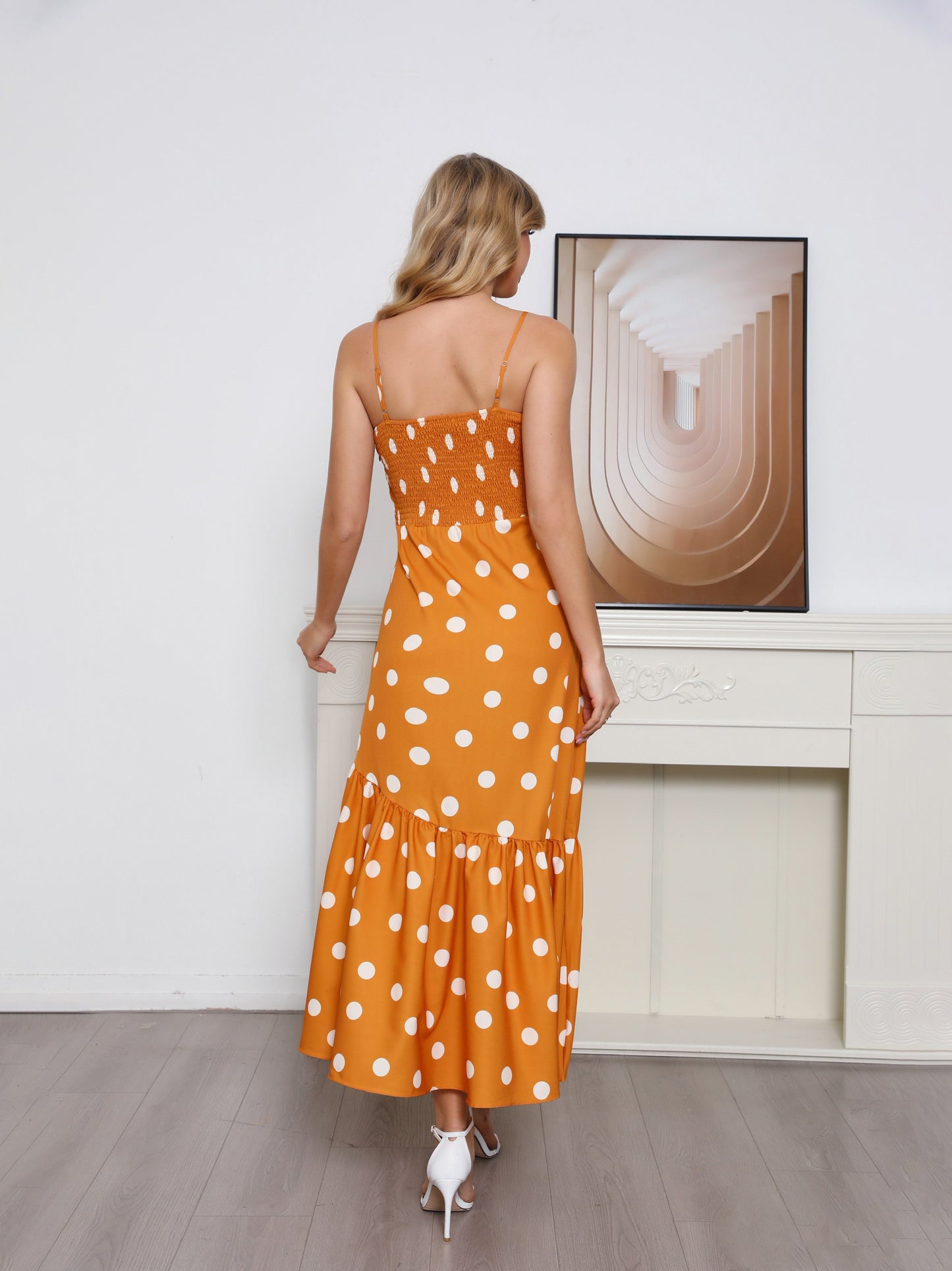 Vestido largo camisola asimétrico con volantes y lunares blancos y naranjas para mujer, vestido ajustado con estampado retro para fiesta.