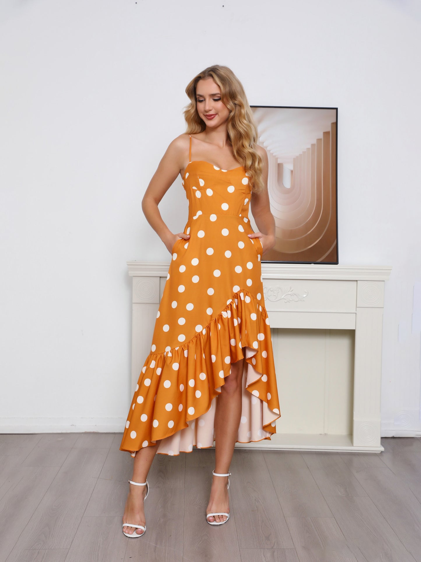 Vestido largo camisola asimétrico con volantes y lunares blancos y naranjas para mujer, vestido ajustado con estampado retro para fiesta.