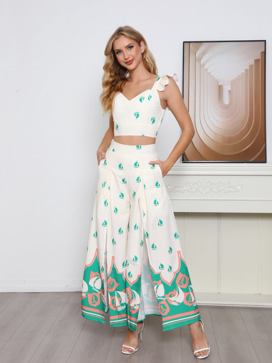 Women's Beige Sailboat Print Ruffled Camisole Crop Top + Wide-leg Pants Set, Holiday-style Sweet Waisted Two-piece Outfit