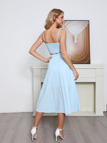 Women's Light Blue Ruffled Camisole Crop Top + Midi Skirt Set, French Retro-style Sweet Two-piece Outfit