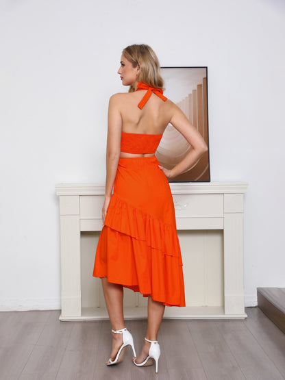 Women's Orange Halter Neck Cutout Tiered Ruffled Midi Dress, Party-style Retro Embroidered Slimming Dress