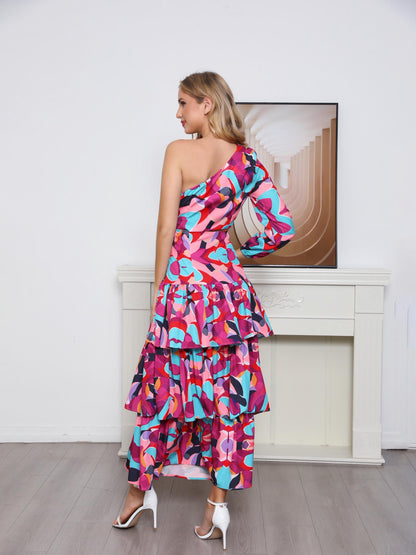 Women's Colorful Geometric Print One-shoulder Crop Top + Ruffled Maxi Skirt Set, Retro Bohemian-style Two-piece Outfit