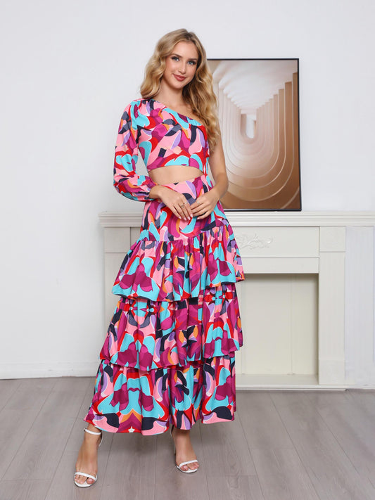 Women's Colorful Geometric Print One-shoulder Crop Top + Ruffled Maxi Skirt Set, Retro Bohemian-style Two-piece Outfit