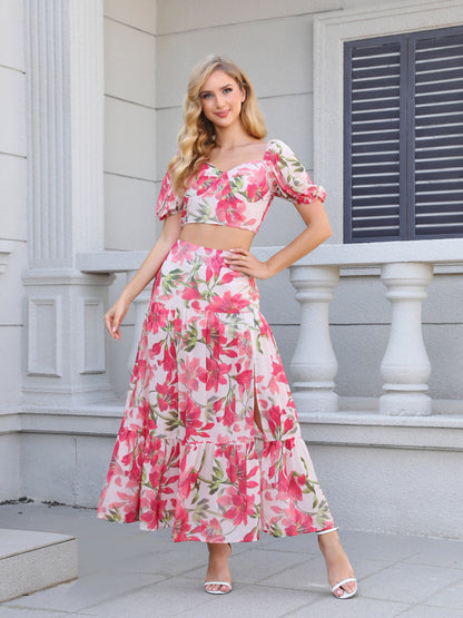 "Women's Pink Floral Print Puff Sleeve Crop Top + Slit Maxi Skirt Set, Holiday-style Sweet Waisted Two-piece Outfit "