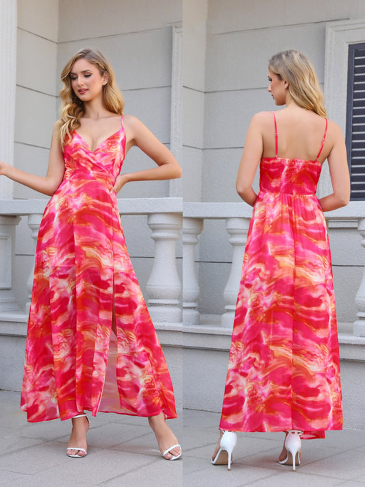 Women's Pink and Orange Tie-dye Camisole Slit Maxi Dress, Holiday-style Sexy Waisted Floor-length Dress