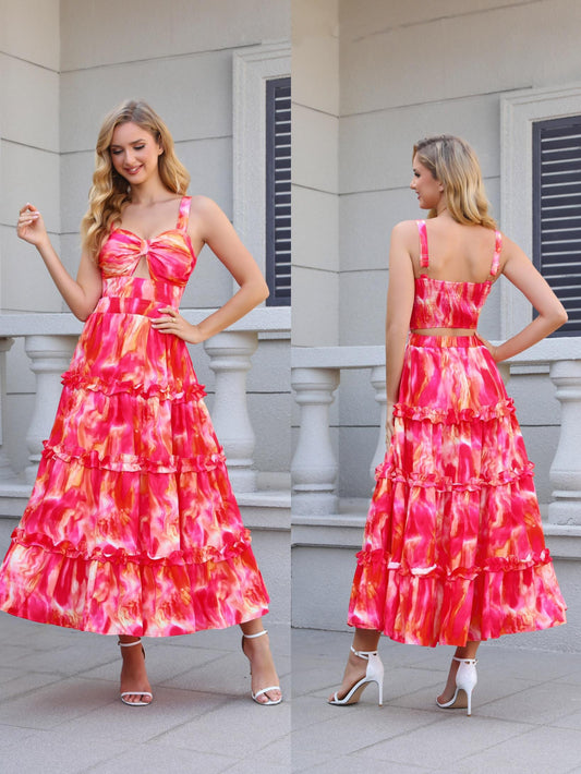 Women's Pink Tie-dye Camisole Ruffled Maxi Dress, Holiday-style Sweet Waisted Midi Dress
