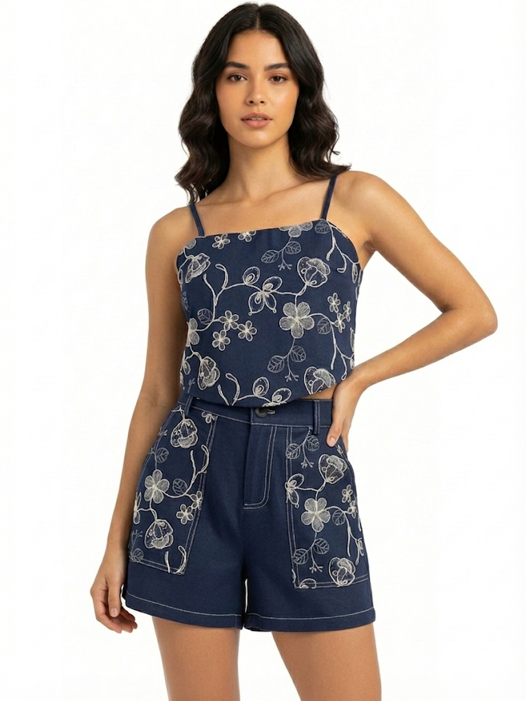 Women's Dark Blue Floral Embroidered Camisole Cropped Top + Dark Blue Embroidered Shorts Set, Retro-style Sweet Slimming Two-piece Outfit