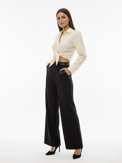 "Women's Beige Collared Long-sleeve Tie-up Cropped Top + Black Wide-leg Pants Set, Retro-style Minimalist Slimming Two-piece Outfit "