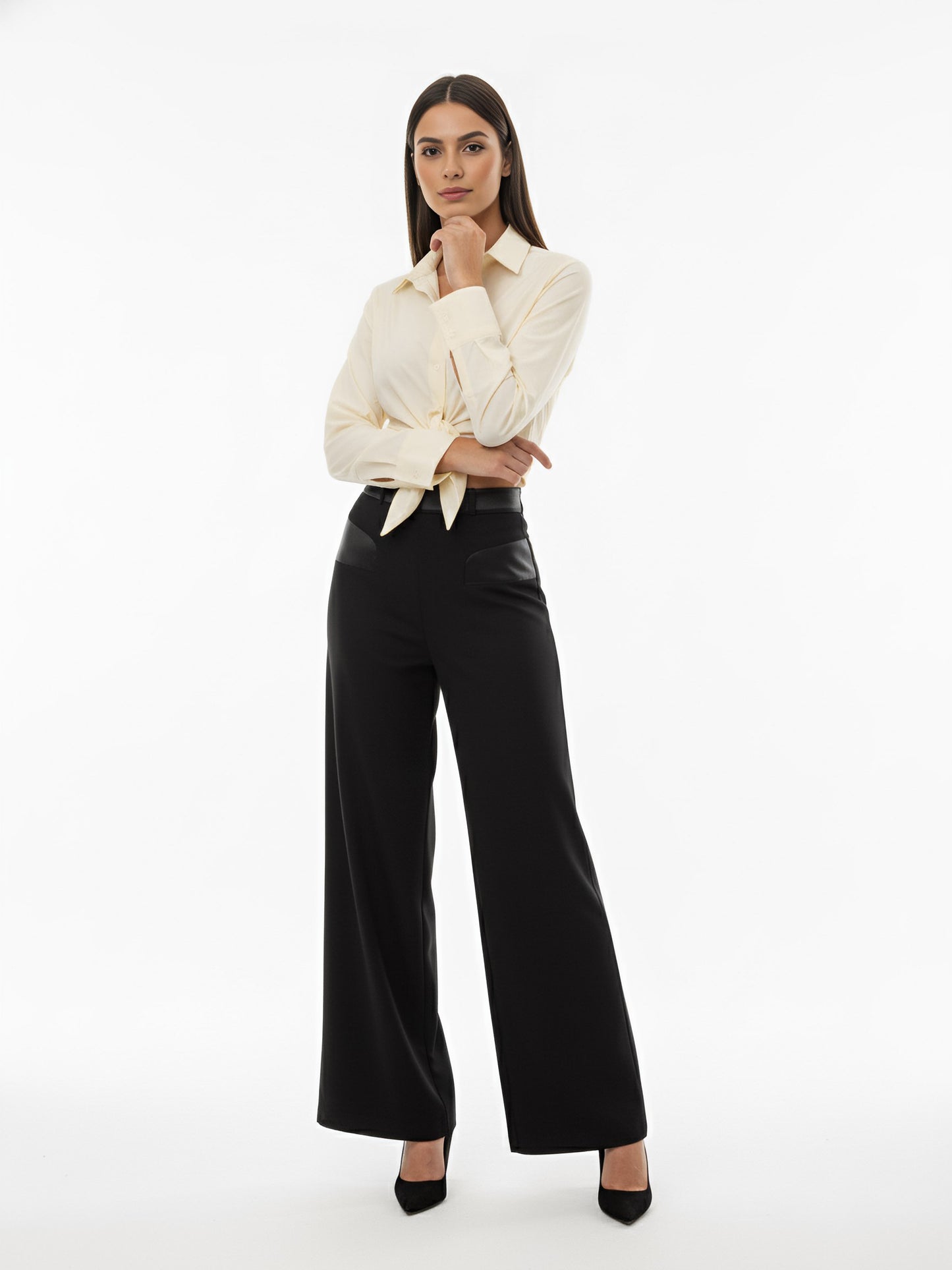 "Women's Beige Collared Long-sleeve Tie-up Cropped Top + Black Wide-leg Pants Set, Retro-style Minimalist Slimming Two-piece Outfit "