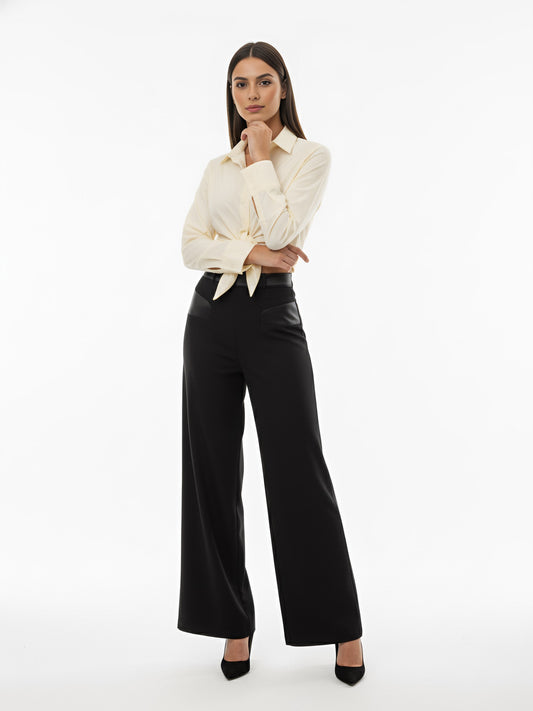"Women's Beige Collared Long-sleeve Tie-up Cropped Top + Black Wide-leg Pants Set, Retro-style Minimalist Slimming Two-piece Outfit "