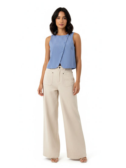 Women's Blue-white Vertical Stripe Asymmetric Sleeveless Cropped Top + Beige Wide-leg Pants Set, Retro-style Minimalist Slimming Two-piece Outfit