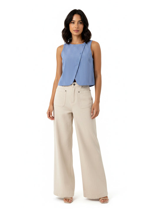 Women's Blue-white Vertical Stripe Asymmetric Sleeveless Cropped Top + Beige Wide-leg Pants Set, Retro-style Minimalist Slimming Two-piece Outfit