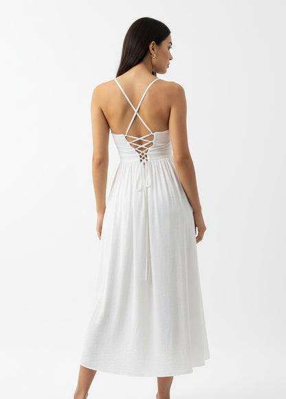 Women's White Floral Embroidered Camisole Midi Dress, Retro-style Sweet Slimming Dress