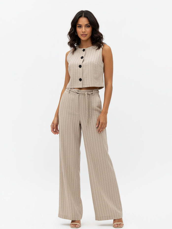 "Women's Khaki Vertical Stripe Single-breasted Sleeveless Cropped Top + High-waisted Wide-leg Pants Set, Retro-style Smart Slimming Two-piece Outfit "